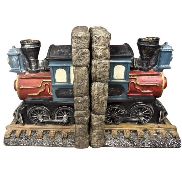 Vintage Locomotive Train Bookends Set of 2 Resin Home Office Collectible 90s - Picture 1 of 8